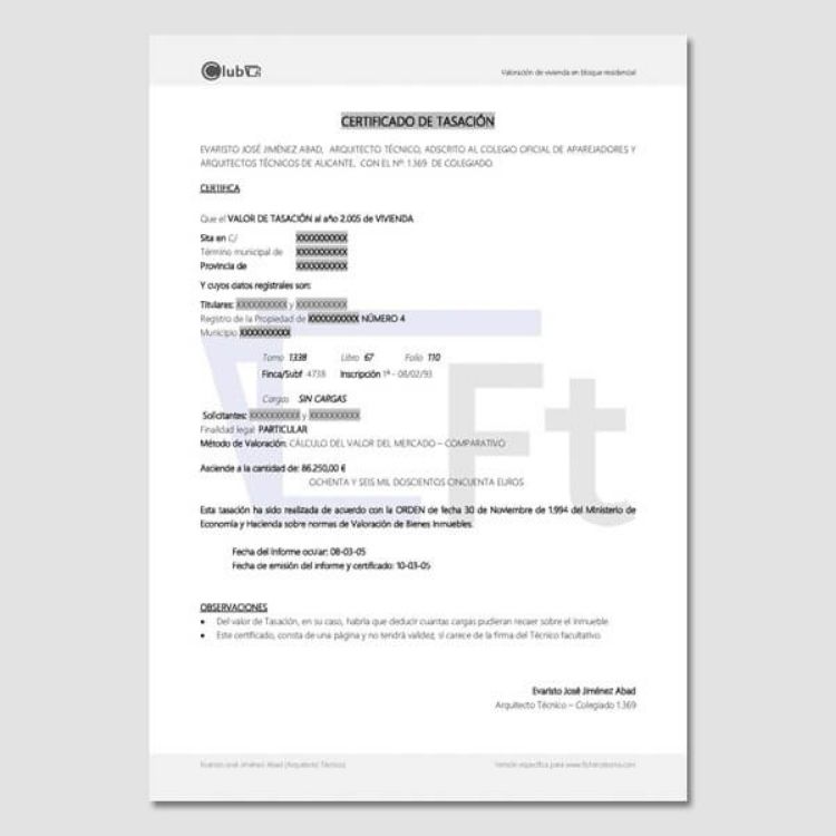 Certificado de tasación de la  plantilla para tasación de vivienda de ficherotecnia