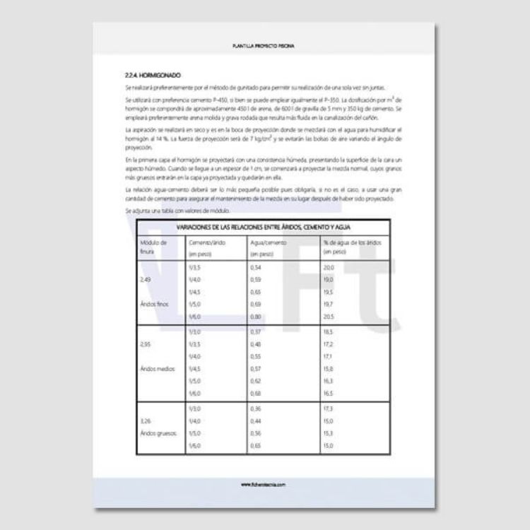 Tabla con cálculos para el desarrollo de un proyecto técnico de piscina privada