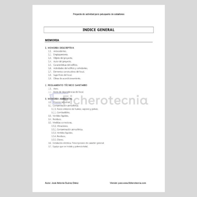 Índice del Proyecto de actividad para peluquería de caballeros en PDF