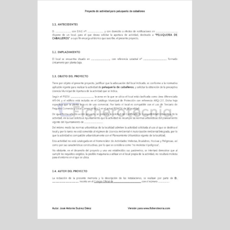 Requisitos generales del Proyecto de actividad para peluquería de caballeros en PDF