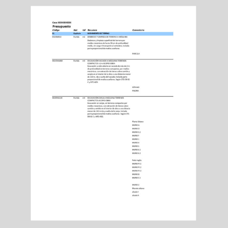 plantilla de presupuesto memoria código estructural