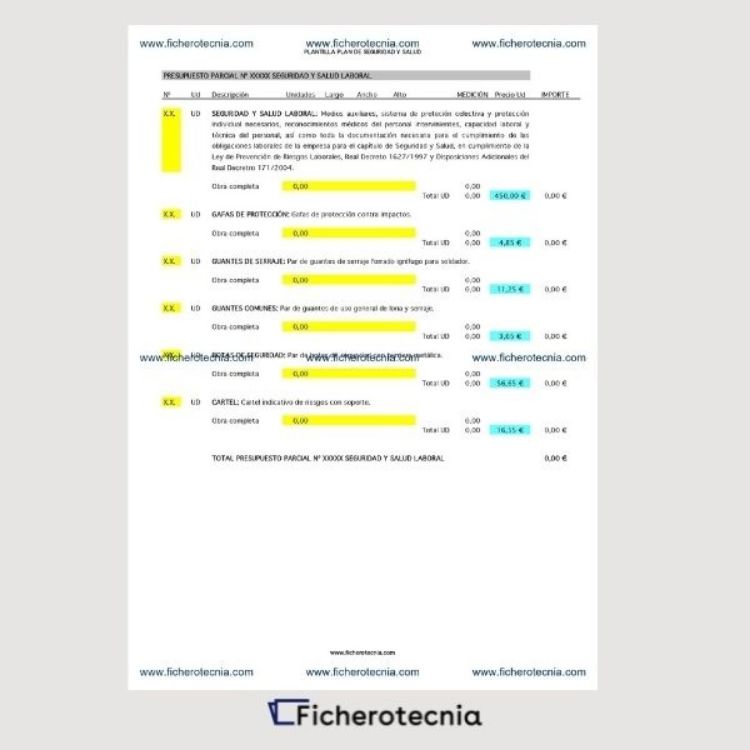 indice de contenidos en Plan de seguridad y salud