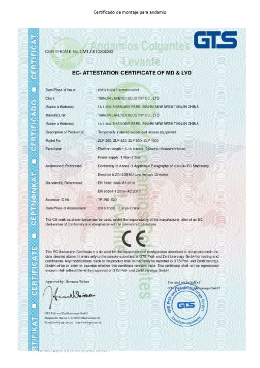 Imagen de Certificado de montaje para un andamio colgado