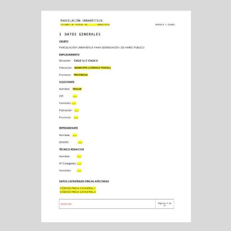 página datos generales proyecto parcelación