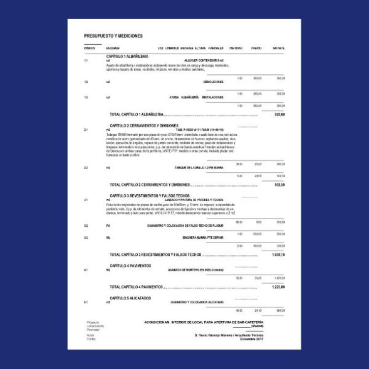 presupuesto editable para reforma y apertura bar cafeteria en comunidad de madrid