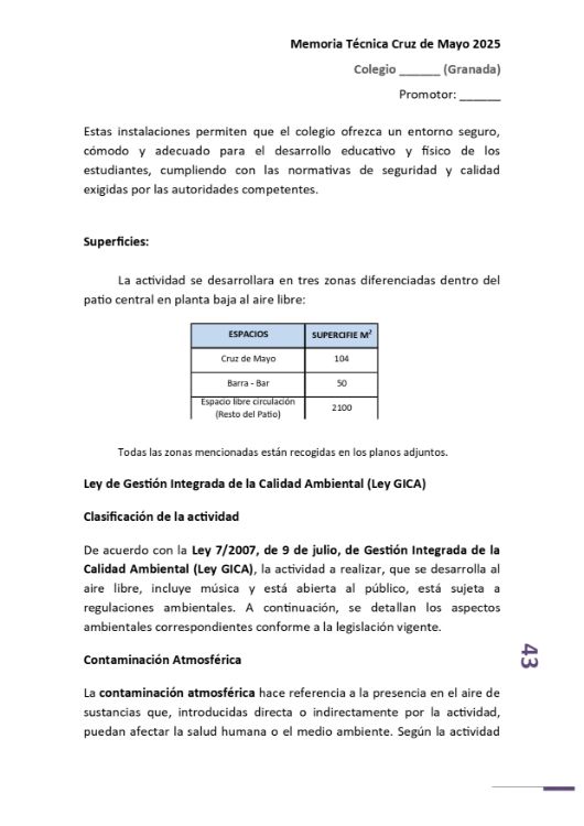 Imagen de Memoria técnica para instalación eventual dentro de un recinto