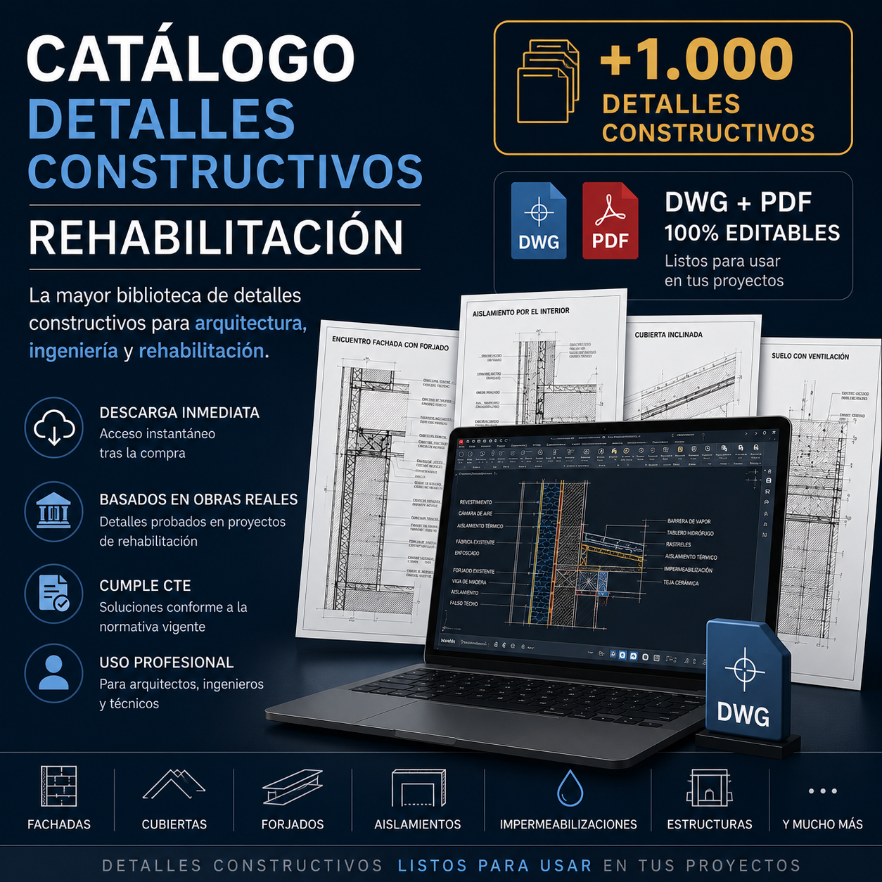 Catálogo de detalles constructivos rehabilitación — 1.000 detalles DWG y PDF en 23 packs