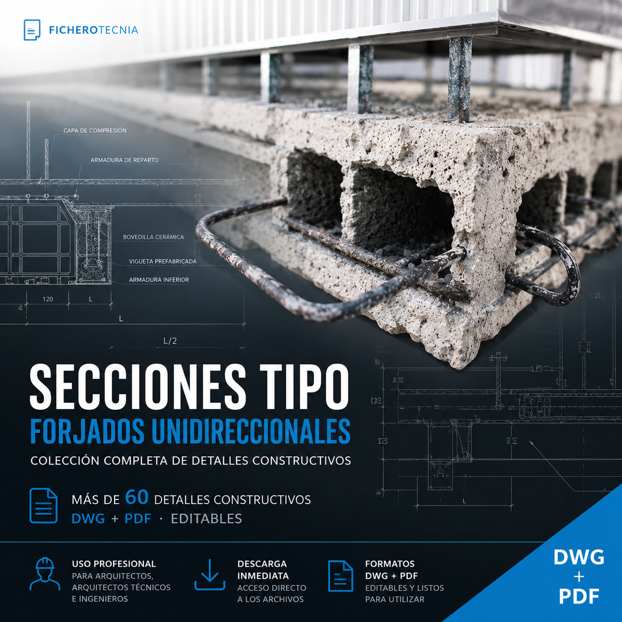 Catálogo de forjados en DWG y PDF — identifica 64 tipologías (vigueta metálica, madera y hormigón)